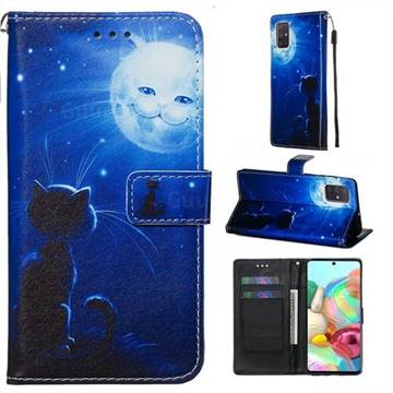 Cat and Moon Matte Leather Wallet Phone Case for Samsung Galaxy A71 4G