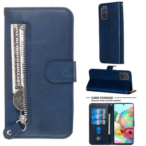 Retro Luxury Zipper Leather Phone Wallet Case for Samsung Galaxy A71 4G - Blue