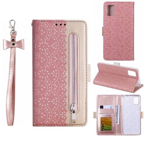 Luxury Lace Zipper Stitching Leather Phone Wallet Case for Samsung Galaxy A71 4G - Pink
