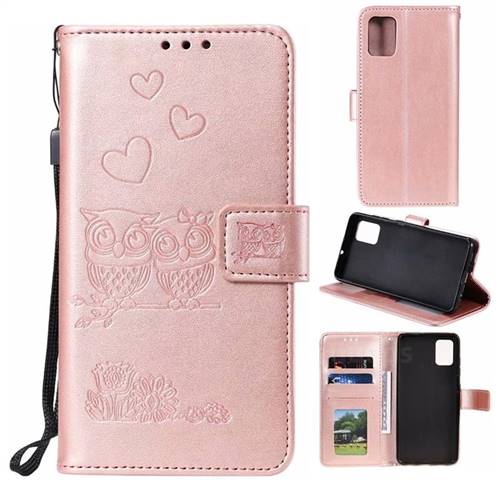 Embossing Owl Couple Flower Leather Wallet Case for Samsung Galaxy A71 4G - Rose Gold