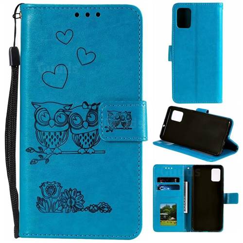 Embossing Owl Couple Flower Leather Wallet Case for Samsung Galaxy A71 4G - Blue