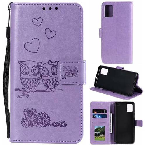 Embossing Owl Couple Flower Leather Wallet Case for Samsung Galaxy A71 4G - Purple