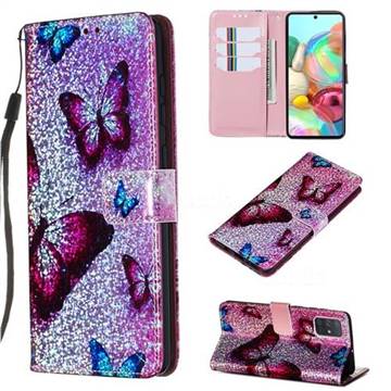 Blue Butterfly Sequins Painted Leather Wallet Case for Samsung Galaxy A71 4G