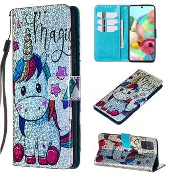 Star Unicorn Sequins Painted Leather Wallet Case for Samsung Galaxy A71 4G