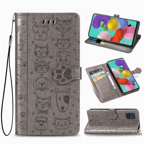 Embossing Dog Paw Kitten and Puppy Leather Wallet Case for Samsung Galaxy A71 4G - Gray