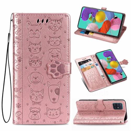 Embossing Dog Paw Kitten and Puppy Leather Wallet Case for Samsung Galaxy A71 4G - Rose Gold