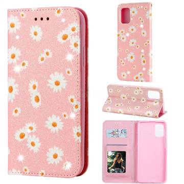 Ultra Slim Daisy Sparkle Glitter Powder Magnetic Leather Wallet Case for Samsung Galaxy A71 4G - Pink