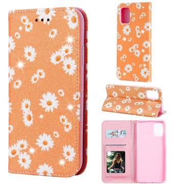 Ultra Slim Daisy Sparkle Glitter Powder Magnetic Leather Wallet Case for Samsung Galaxy A71 4G - Orange