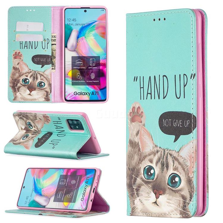 Hand Up Cat Slim Magnetic Attraction Wallet Flip Cover for Samsung Galaxy A71 4G