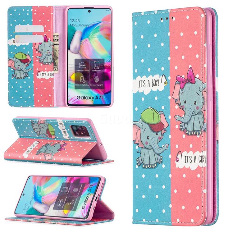 Elephant Boy and Girl Slim Magnetic Attraction Wallet Flip Cover for Samsung Galaxy A71 4G