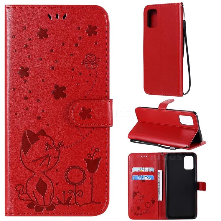 Embossing Bee and Cat Leather Wallet Case for Samsung Galaxy A71 4G - Red