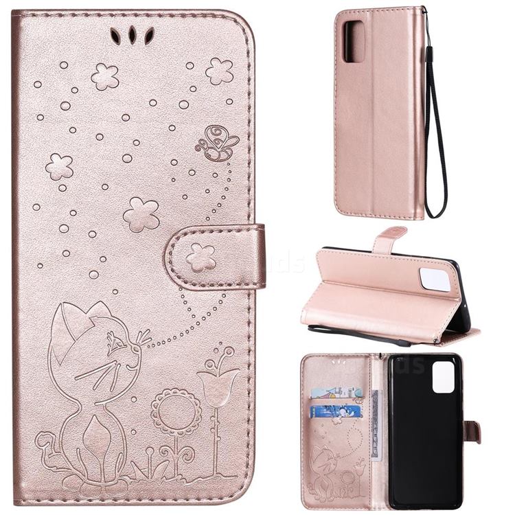 Embossing Bee and Cat Leather Wallet Case for Samsung Galaxy A71 4G - Rose Gold