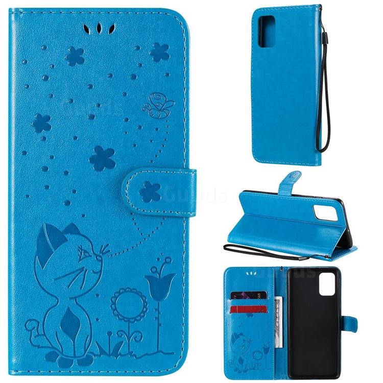 Embossing Bee and Cat Leather Wallet Case for Samsung Galaxy A71 4G - Blue
