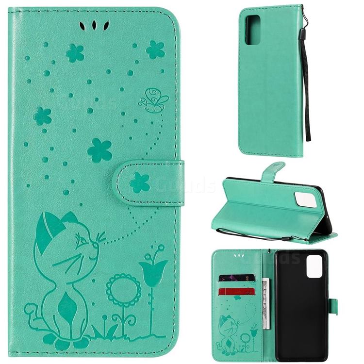 Embossing Bee and Cat Leather Wallet Case for Samsung Galaxy A71 4G - Green