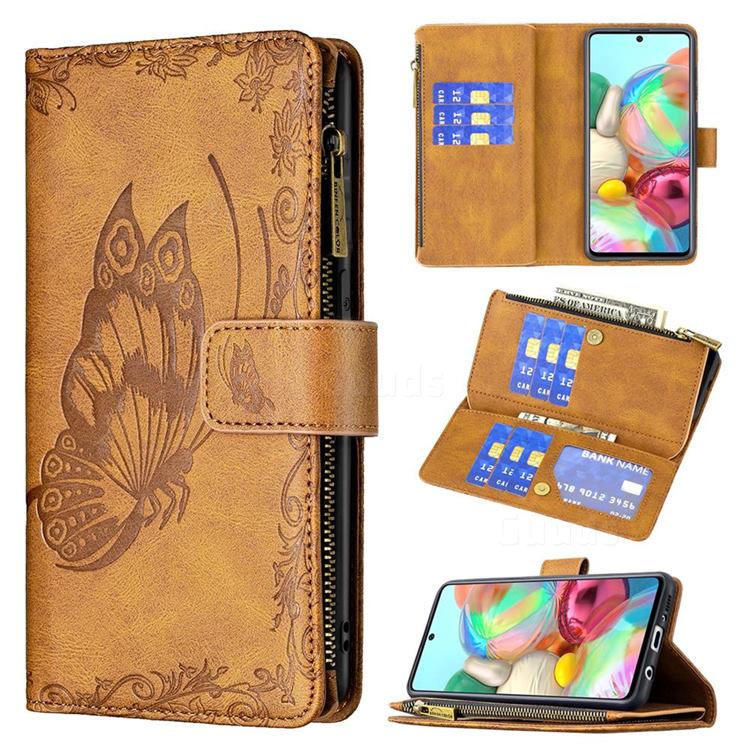 Binfen Color Imprint Vivid Butterfly Buckle Zipper Multi-function Leather Phone Wallet for Samsung Galaxy A71 4G - Brown