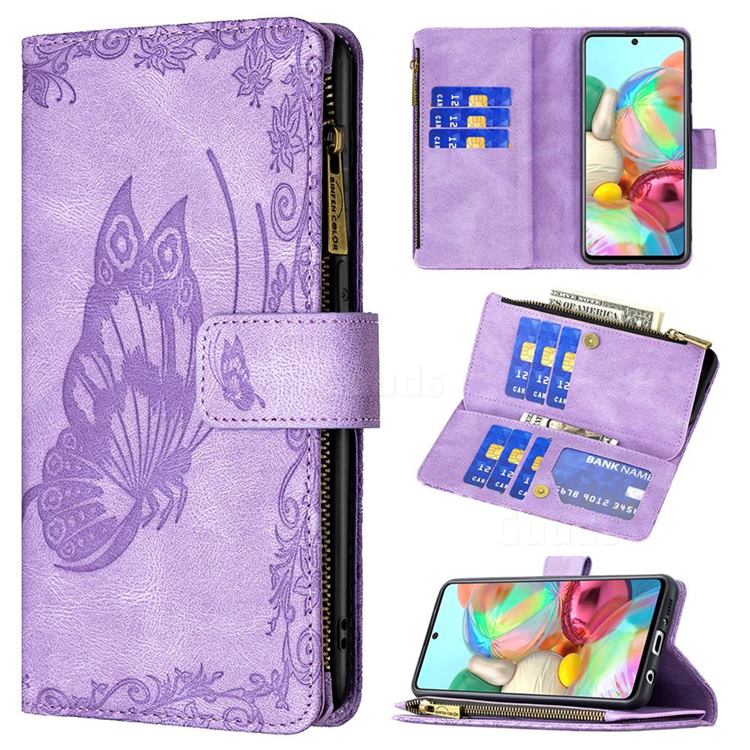 Binfen Color Imprint Vivid Butterfly Buckle Zipper Multi-function Leather Phone Wallet for Samsung Galaxy A71 4G - Purple