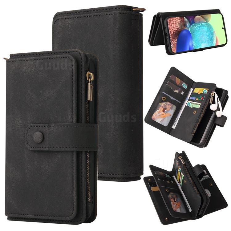 Luxury Multi-functional Zipper Wallet Leather Phone Case Cover for Samsung Galaxy A71 4G - Black