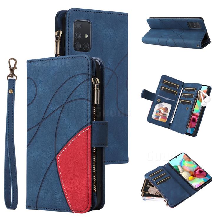 Luxury Two-color Stitching Multi-function Zipper Leather Wallet Case Cover for Samsung Galaxy A71 4G - Blue