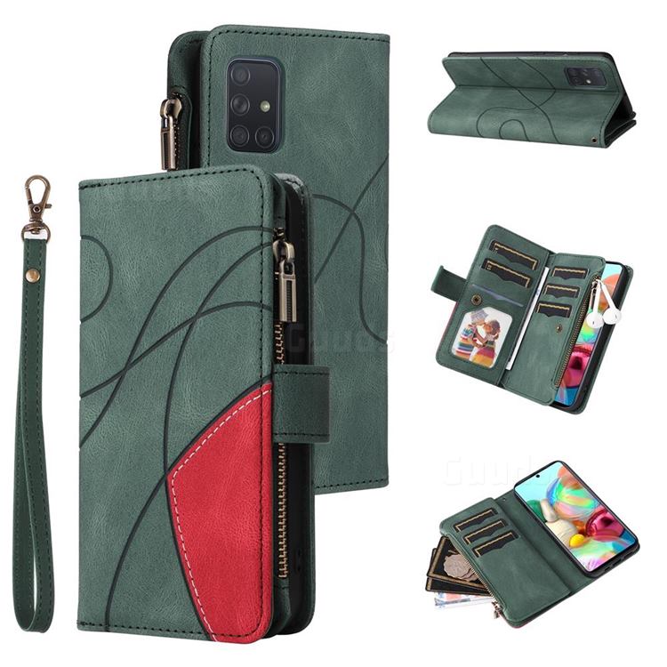 Luxury Two-color Stitching Multi-function Zipper Leather Wallet Case Cover for Samsung Galaxy A71 4G - Green