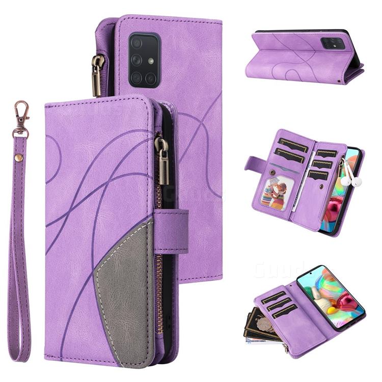 Luxury Two-color Stitching Multi-function Zipper Leather Wallet Case Cover for Samsung Galaxy A71 4G - Purple