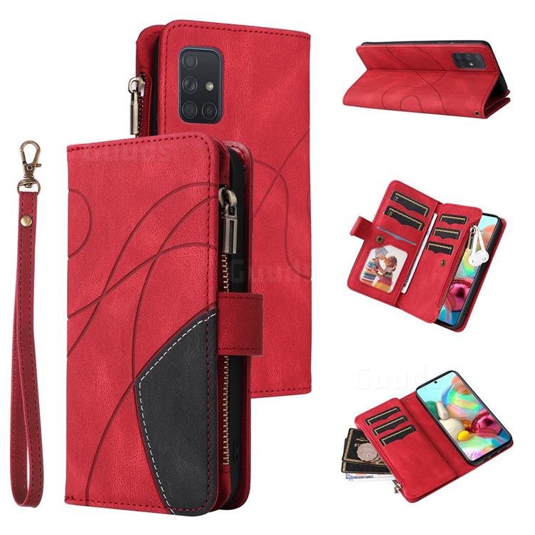 Luxury Two-color Stitching Multi-function Zipper Leather Wallet Case Cover for Samsung Galaxy A71 4G - Red