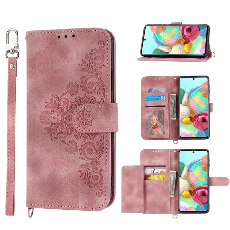 Skin Feel Embossed Lace Flower Multiple Card Slots Leather Wallet Phone Case for Samsung Galaxy A71 4G - Pink