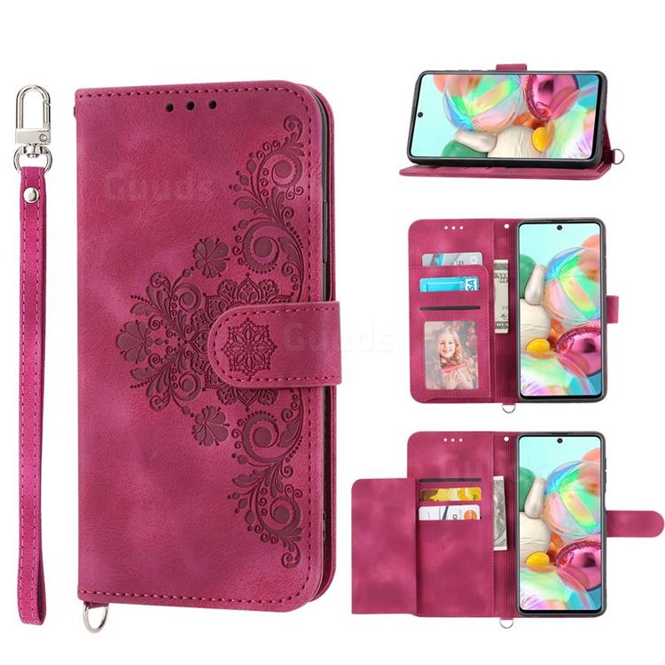 Skin Feel Embossed Lace Flower Multiple Card Slots Leather Wallet Phone Case for Samsung Galaxy A71 4G - Claret Red