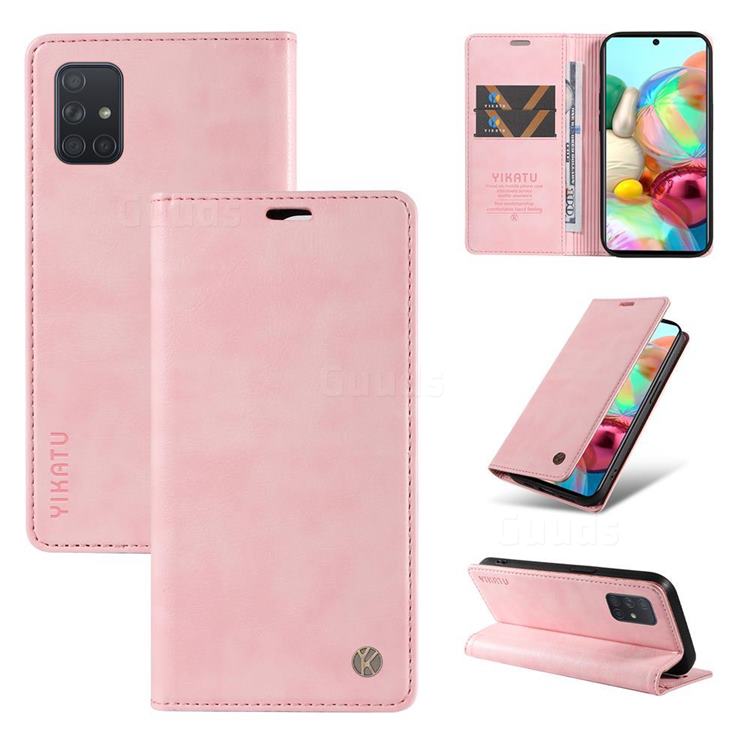 YIKATU Litchi Card Magnetic Automatic Suction Leather Flip Cover for Samsung Galaxy A71 4G - Pink