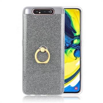 Luxury Soft TPU Glitter Back Ring Cover with 360 Rotate Finger Holder Buckle for Samsung Galaxy A80 A90 - Black