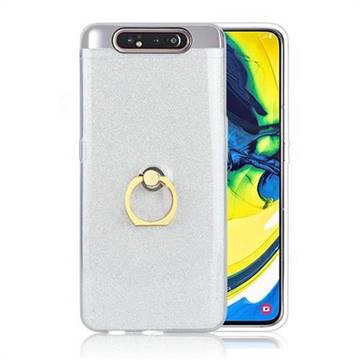 Luxury Soft TPU Glitter Back Ring Cover with 360 Rotate Finger Holder Buckle for Samsung Galaxy A80 A90 - White