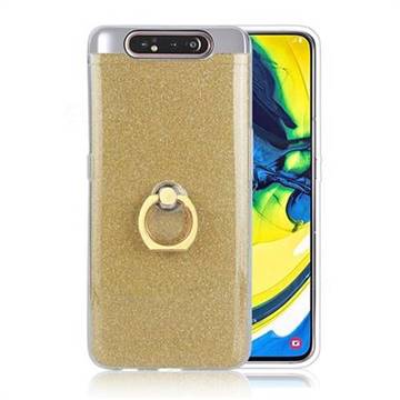 Luxury Soft TPU Glitter Back Ring Cover with 360 Rotate Finger Holder Buckle for Samsung Galaxy A80 A90 - Golden