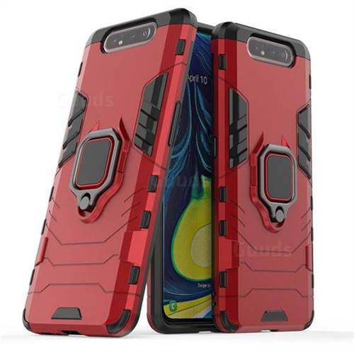 Black Panther Armor Metal Ring Grip Shockproof Dual Layer Rugged Hard Cover for Samsung Galaxy A80 A90 - Red