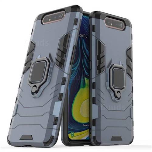 Black Panther Armor Metal Ring Grip Shockproof Dual Layer Rugged Hard Cover for Samsung Galaxy A80 A90 - Blue