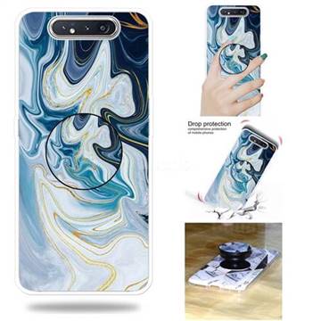 Blue Gold Line Marble Pop Stand Holder Varnish Phone Cover for Samsung Galaxy A80 A90