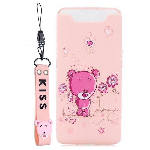 Pink Flower Bear Soft Kiss Candy Hand Strap Silicone Case for Samsung Galaxy A80 A90