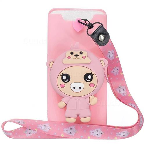 Pink Pig Neck Lanyard Zipper Wallet Silicone Case for Samsung Galaxy A80 A90