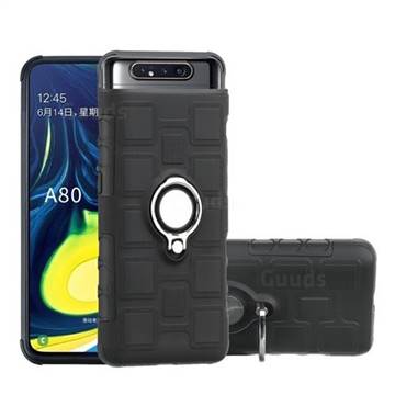 Ice Cube Shockproof PC + Silicon Invisible Ring Holder Phone Case for Samsung Galaxy A80 A90 - Black
