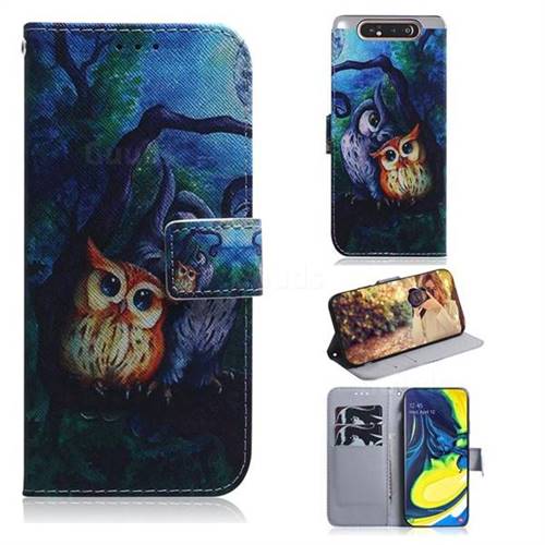 Oil Painting Owl PU Leather Wallet Case for Samsung Galaxy A80 A90