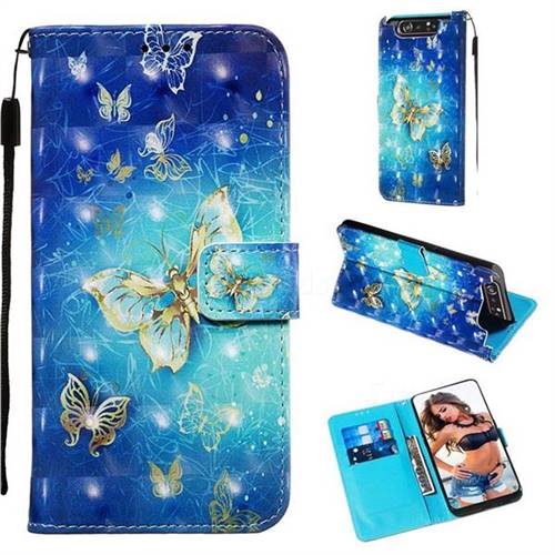 Gold Butterfly 3D Painted Leather Wallet Case for Samsung Galaxy A80 A90