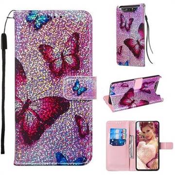 Blue Butterfly Sequins Painted Leather Wallet Case for Samsung Galaxy A80 A90