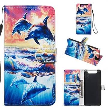 Couple Dolphin Smooth Leather Phone Wallet Case for Samsung Galaxy A80 A90