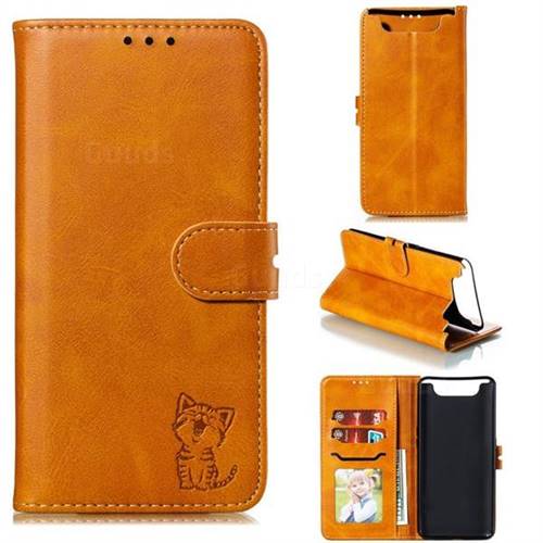 Embossing Happy Cat Leather Wallet Case for Samsung Galaxy A80 A90 - Yellow