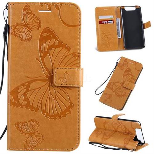 Embossing 3D Butterfly Leather Wallet Case for Samsung Galaxy A80 A90 - Yellow