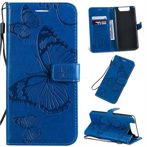 Embossing 3D Butterfly Leather Wallet Case for Samsung Galaxy A80 A90 - Blue