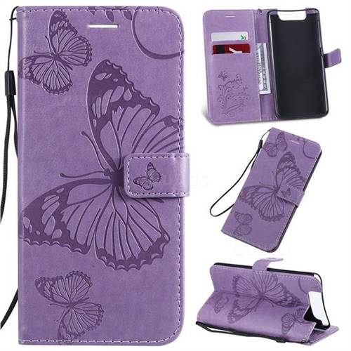 Embossing 3D Butterfly Leather Wallet Case for Samsung Galaxy A80 A90 - Purple