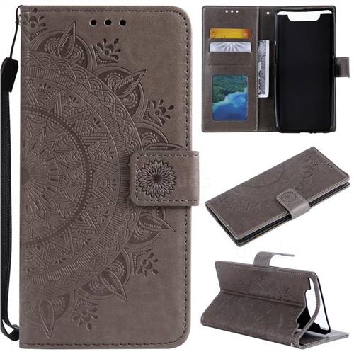 Intricate Embossing Datura Leather Wallet Case for Samsung Galaxy A80 A90 - Gray