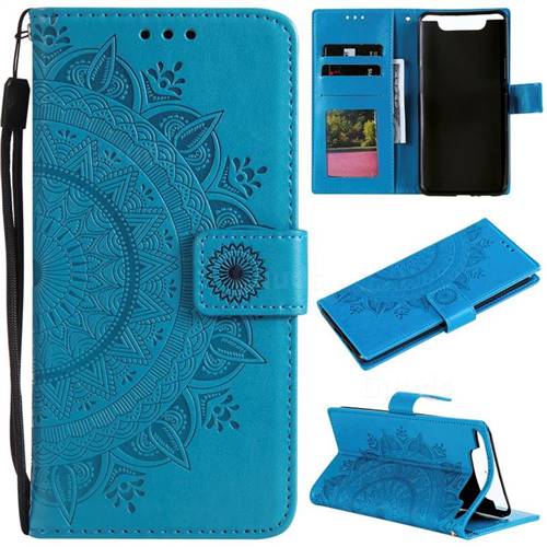 Intricate Embossing Datura Leather Wallet Case for Samsung Galaxy A80 A90 - Blue