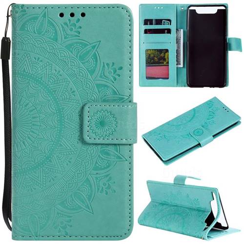 Intricate Embossing Datura Leather Wallet Case for Samsung Galaxy A80 A90 - Mint Green