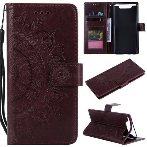 Intricate Embossing Datura Leather Wallet Case for Samsung Galaxy A80 A90 - Brown