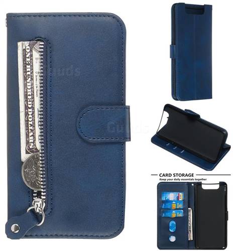 Retro Luxury Zipper Leather Phone Wallet Case for Samsung Galaxy A80 A90 - Blue